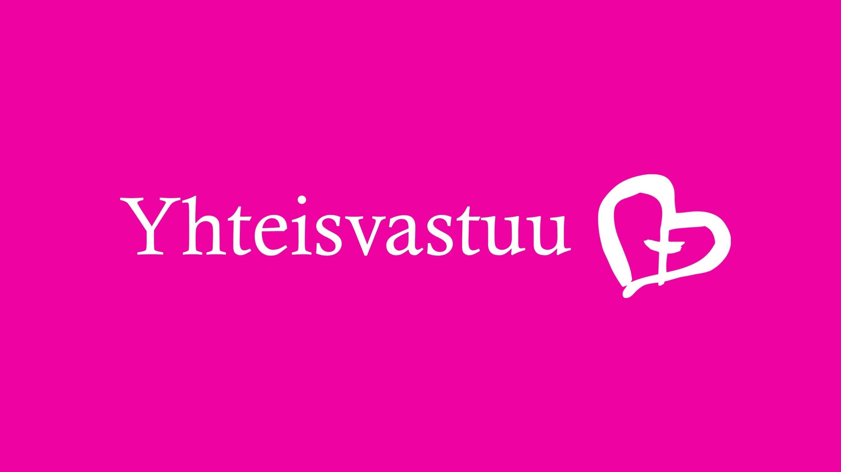 Teksti: yhteisvastuu ja sydänlogo valkoisena pinkillä taustalla.